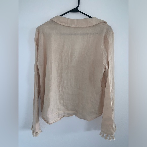 Zara Linen Fringe Bell Sleeve Button Down Shirt - Picture 6 of 9